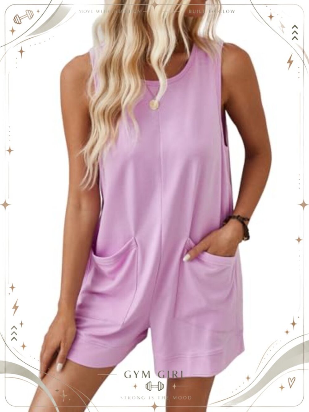 Sleeveless Cotton Blend Romper Crew Neck Pockets Casual Jumpsuit